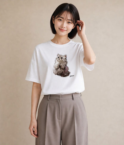 半袖Tシャツ レディース スコティッシュフォールド 猫 ねこ イラスト きれいめ カフェ服 クリスマス 白T YMAZO
