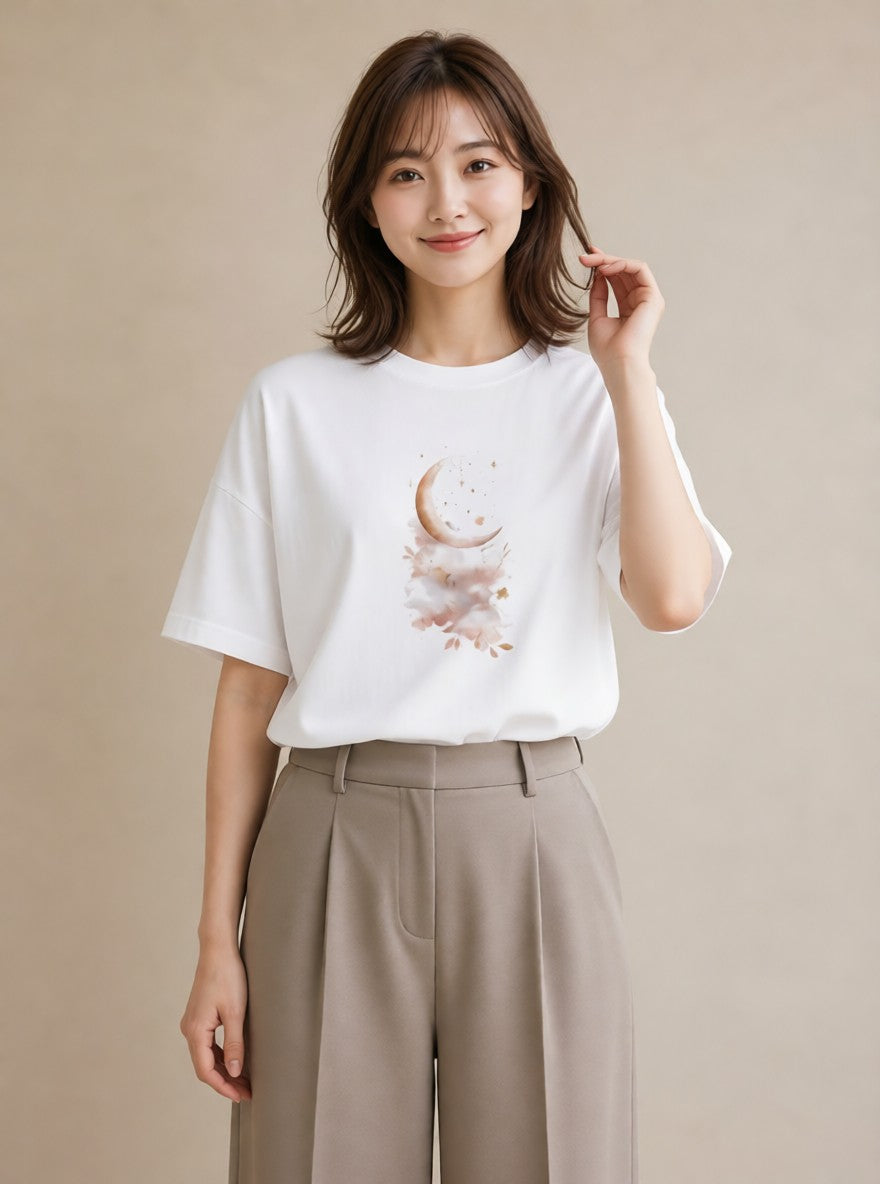 半袖Tシャツ レディース 星空 宇宙 イラスト カフェコーデ ラフ レイヤード 白T YMAZO