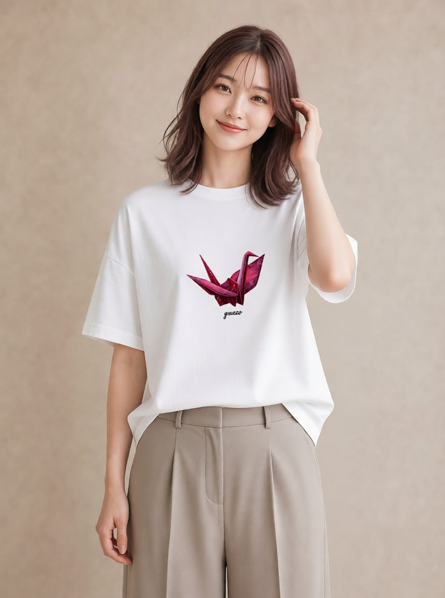 プリントTシャツ レディース 折り鶴 折り紙 ナチュラル アンティーク イラスト 淡色 ルームウェア ギフト 白T YMAZO