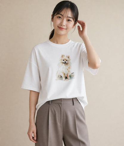半袖Tシャツ レディース ポメラニアン ポメ 犬 いぬ イラスト きれいめ 通学 誕生日プレゼント 白T YMAZO