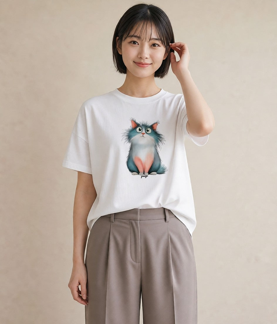 Tシャツ レディース ロシアンブルー 猫 ねこ イラスト こなれ感 ホワイトデー 春服 白T YMAZO