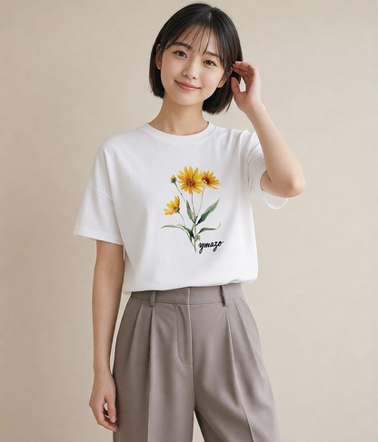 プリントTシャツ レディース ひまわり 向日葵 花 花柄 イラスト 普段使い 休日 ペアコーデ 白T YMAZO