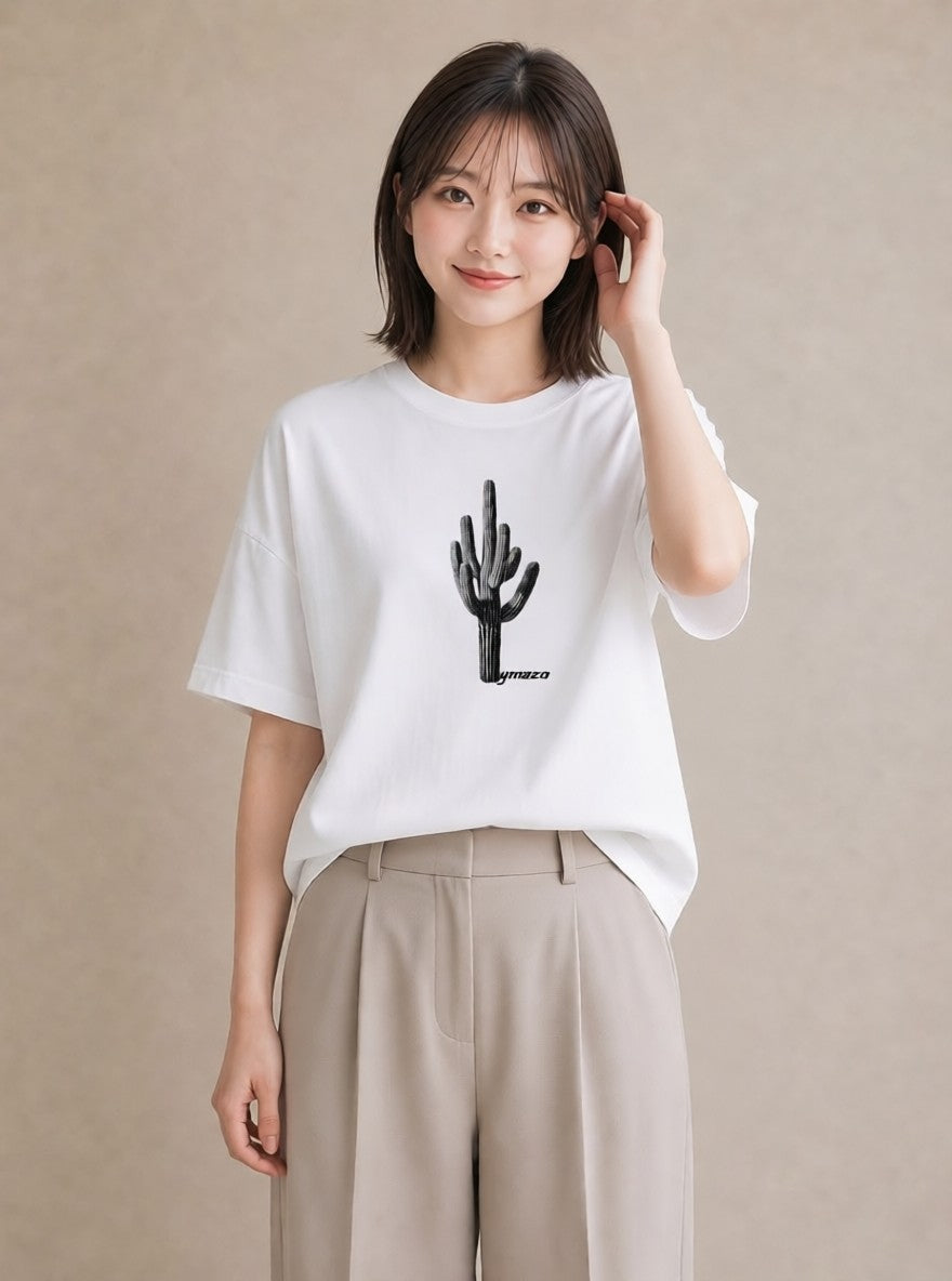 プリントTシャツ レディース サボテン 植物 ボタニカル イラスト ニュアンス 夏コーデ 通学 白T YMAZO