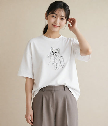 半袖Tシャツ レディース 猫 ねこ ネコ イラスト ポップ 買い物 夏コーデ 白T YMAZO