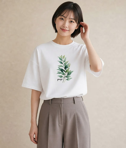 デザインTシャツ レディース シダ 植物 ボタニカル イラスト 抜け感 カフェ巡り 女子会 白T YMAZO