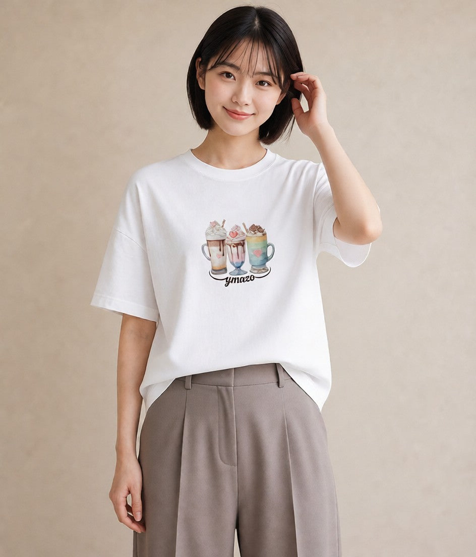 グラフィックTシャツ レディース ココア 食べ物 フード イラスト 淡色 休日 ペアコーデ 白T YMAZO