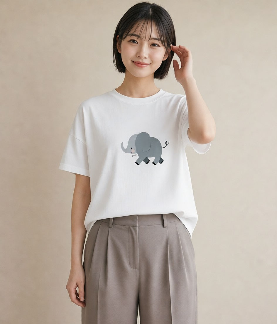 デザインTシャツ レディース ぞう 動物 アニマル イラスト お洒落 友達ギフト 部屋着 白T YMAZO