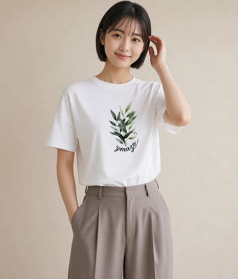 デザインTシャツ レディース ユーカリ 植物 ボタニカル イラスト 北欧風 自分用 ルームウェア 白T YMAZO