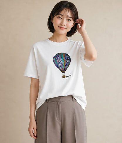 デザインTシャツ レディース 気球 星空 宇宙 イラスト ガーリー カジュアルコーデ 買い物 白T YMAZO