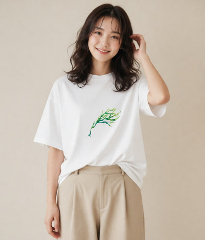 半袖Tシャツ レディース シダ 植物 ボタニカル イラスト 韓国風 女性 旅行用 白T YMAZO