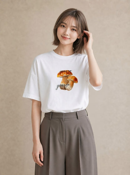 半袖Tシャツ レディース きのこ 植物 ボタニカル イラスト 休日コーデ 通勤 在宅 白T YMAZO