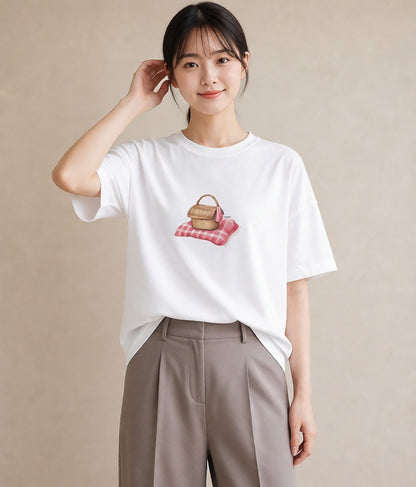 プリントTシャツ レディース 自転車のかご 自転車 花かご ナチュラル アンティーク イラスト ラフ 休日 ペアコーデ 白T YMAZO
