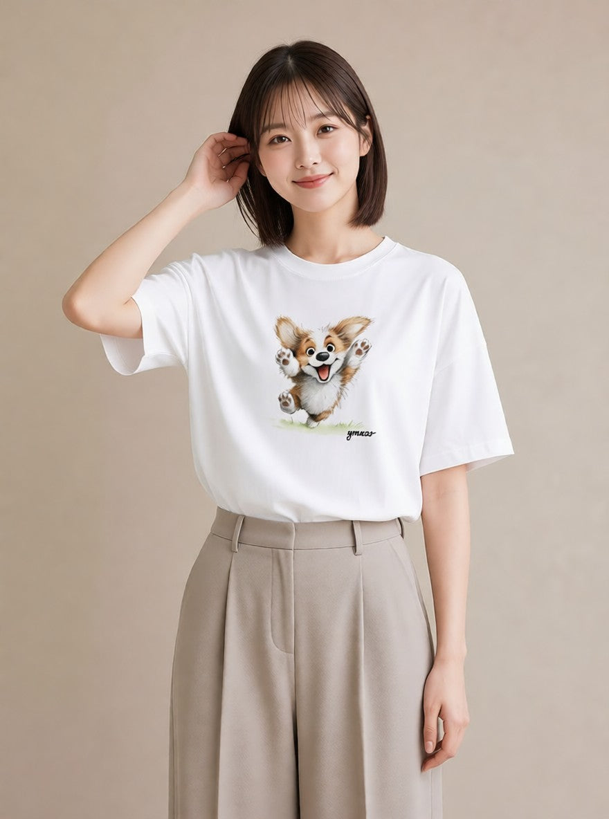グラフィックTシャツ レディース わんこ 犬 いぬ イラスト 韓国風 敬老の日 ホワイトデー 白T YMAZO