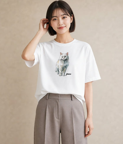 グラフィックTシャツ レディース 靴下猫 猫 ねこ イラスト お洒落 敬老の日 ホワイトデー 白T YMAZO