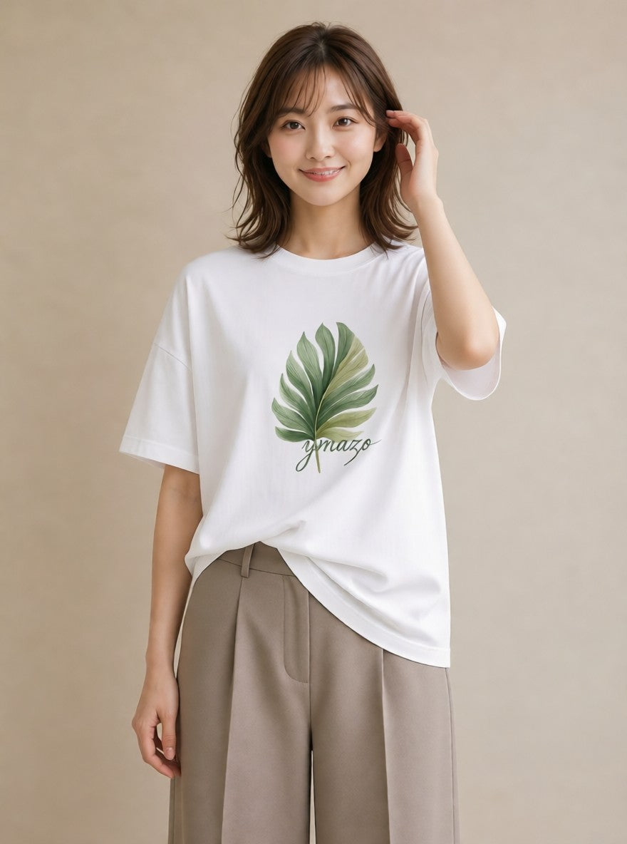 プリントTシャツ レディース 新緑 植物 ボタニカル イラスト 上品 海 カフェ巡り 白T YMAZO