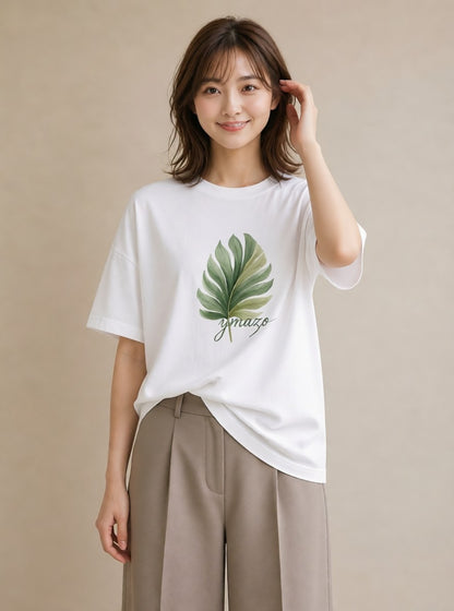 プリントTシャツ レディース 新緑 植物 ボタニカル イラスト 上品 海 カフェ巡り 白T YMAZO