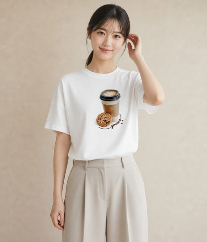 Tシャツ レディース カフェラテ 食べ物 フード イラスト 線画 春服 ミセス 白T YMAZO