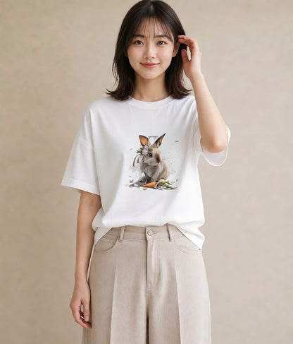 半袖Tシャツ レディース ネザーランドドワーフ ペット 動物 イラスト シンプル 友達ギフト 部屋着 白T YMAZO