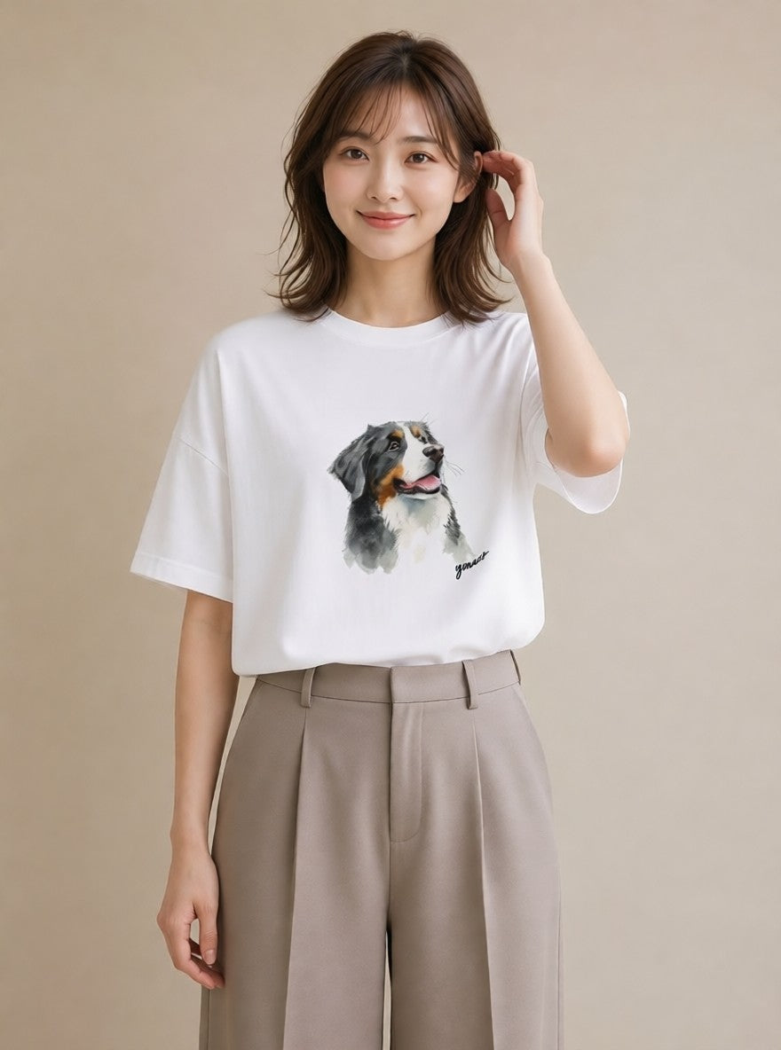 半袖Tシャツ レディース バーニーズマウンテンドッグ 犬 いぬ イラスト ユニーク 買い物 夏コーデ 白T YMAZO