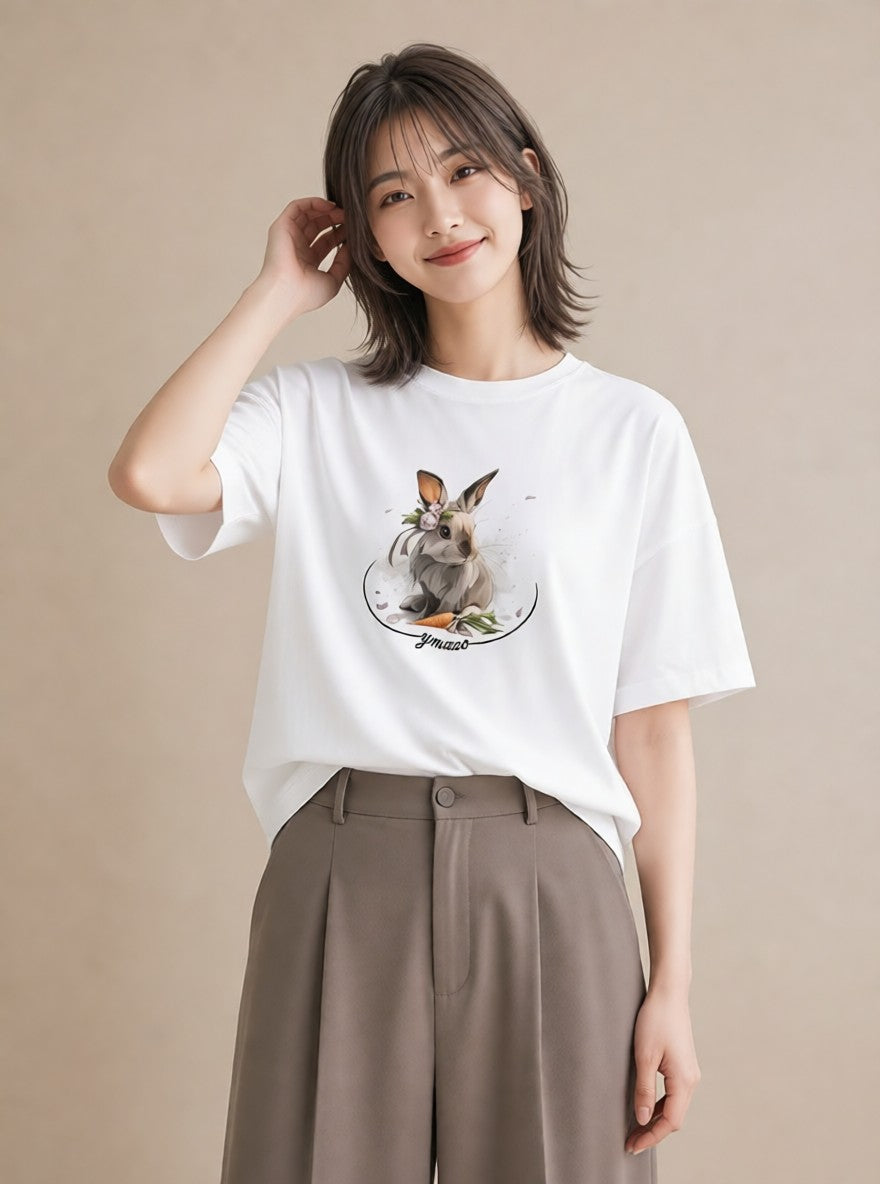 プリントTシャツ レディース うさぎ ウサギ ラビット ペット 動物 イラスト 韓国風 春服 ミセス 白T YMAZO
