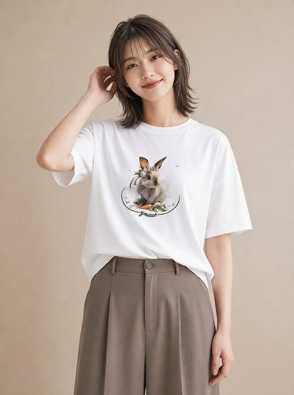 プリントTシャツ レディース うさぎ ウサギ ラビット ペット 動物 イラスト 韓国風 春服 ミセス 白T YMAZO