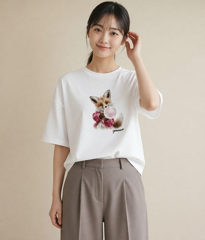 プリントTシャツ レディース きつね 動物 アニマル イラスト ユニーク お出かけ 普段着 白T YMAZO