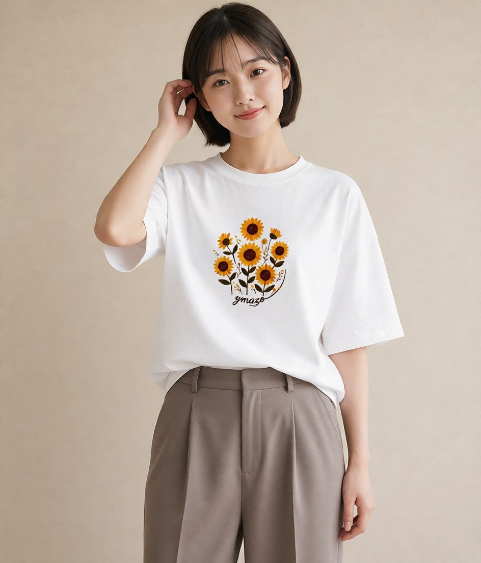 半袖Tシャツ レディース ひまわり 向日葵 花 花柄 イラスト ニュアンス 20代 カジュアルコーデ 白T YMAZO
