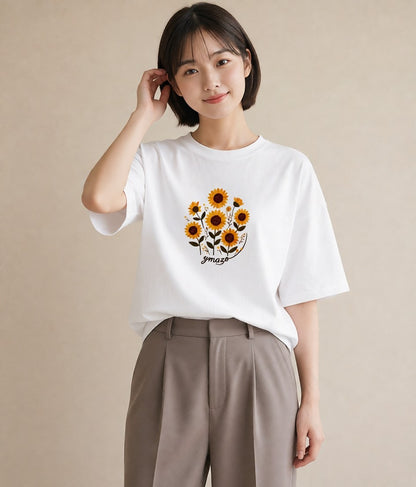 半袖Tシャツ レディース ひまわり 向日葵 花 花柄 イラスト ニュアンス 20代 カジュアルコーデ 白T YMAZO
