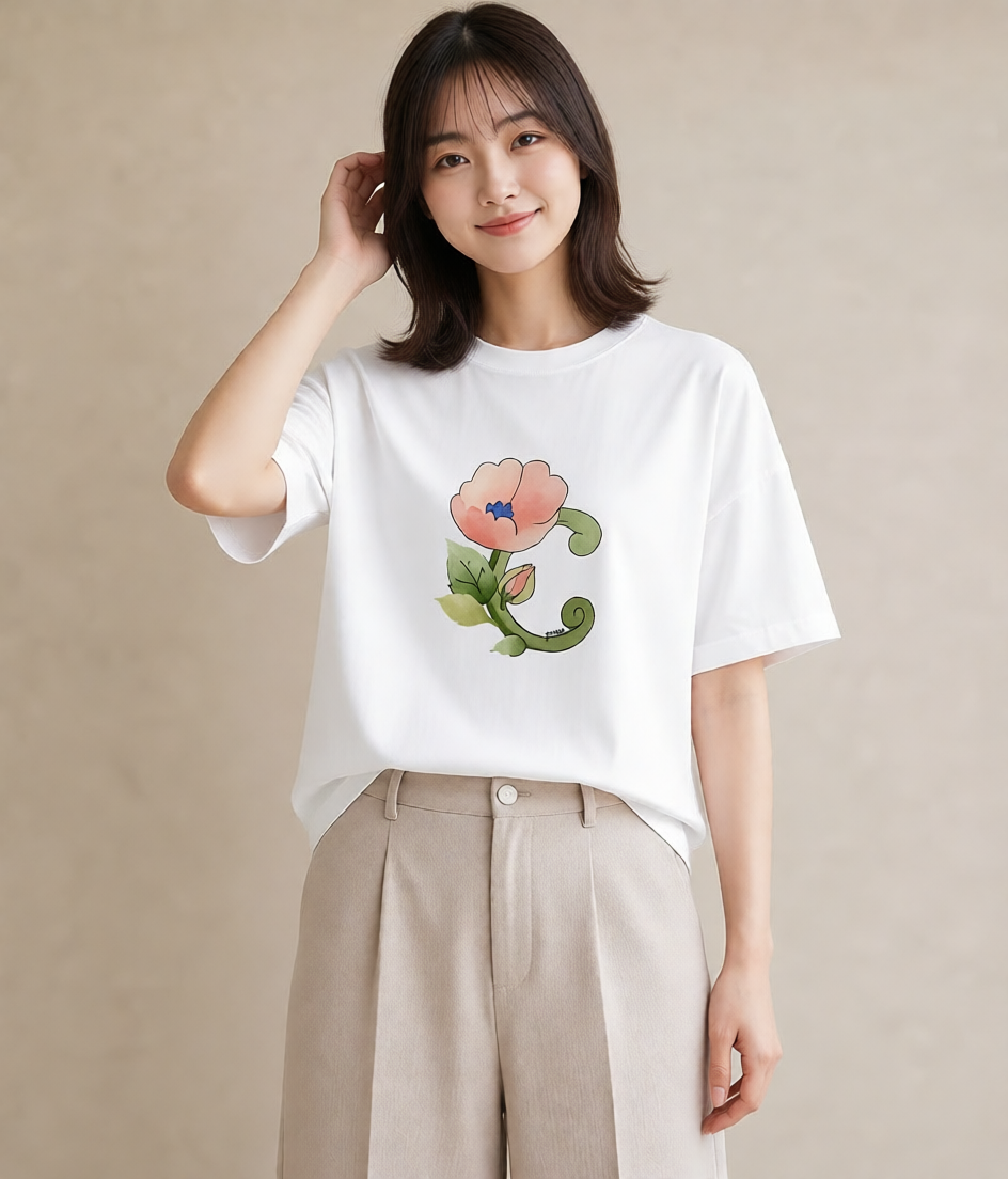グラフィックTシャツ レディース 椿 花 花柄 イラスト 上品 デート 帰省 白T
