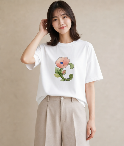 グラフィックTシャツ レディース 椿 花 花柄 イラスト 上品 デート 帰省 白T
