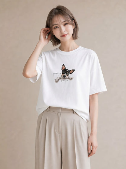 半袖Tシャツ レディース チワワ 犬 いぬ イラスト シック デイリーウェア 休日 白T YMAZO