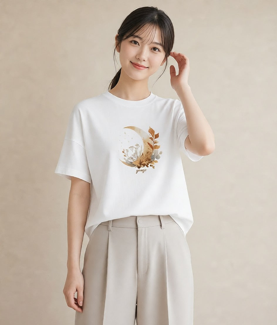 デザインTシャツ レディース 三日月 星空 宇宙 イラスト ラフカジュアル カフェ巡り 女子会 白T YMAZO