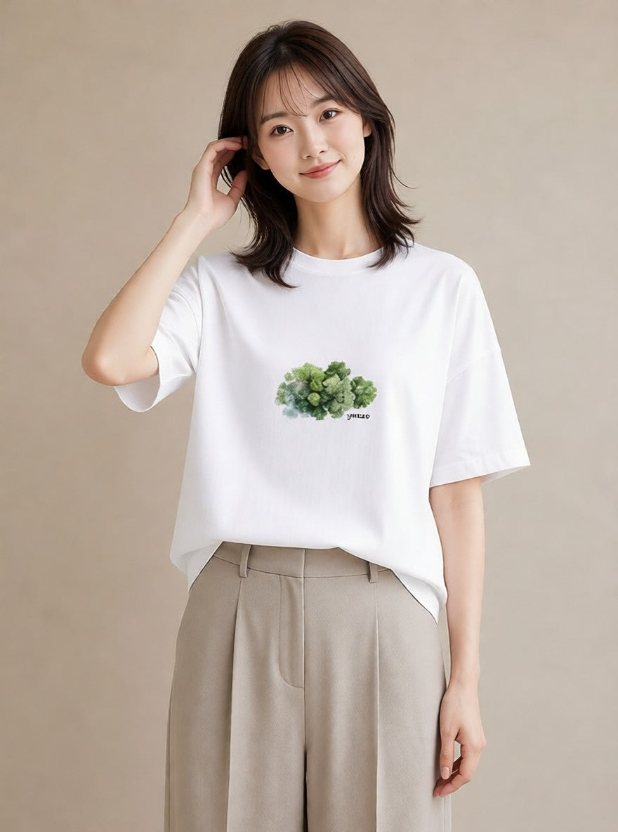 Tシャツ レディース 青の水彩 風景 ブルー ナチュラル アンティーク イラスト カフェコーデ ミセス 春コーデ 白T YMAZO