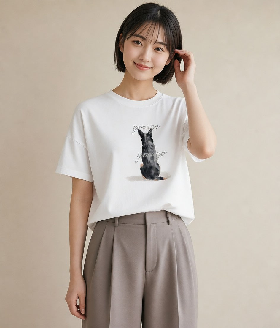半袖Tシャツ レディース おすわり猫 猫 ねこ イラスト 普段使い 通勤 在宅 白T YMAZO
