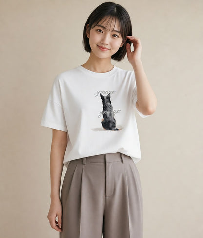 半袖Tシャツ レディース おすわり猫 猫 ねこ イラスト 普段使い 通勤 在宅 白T YMAZO