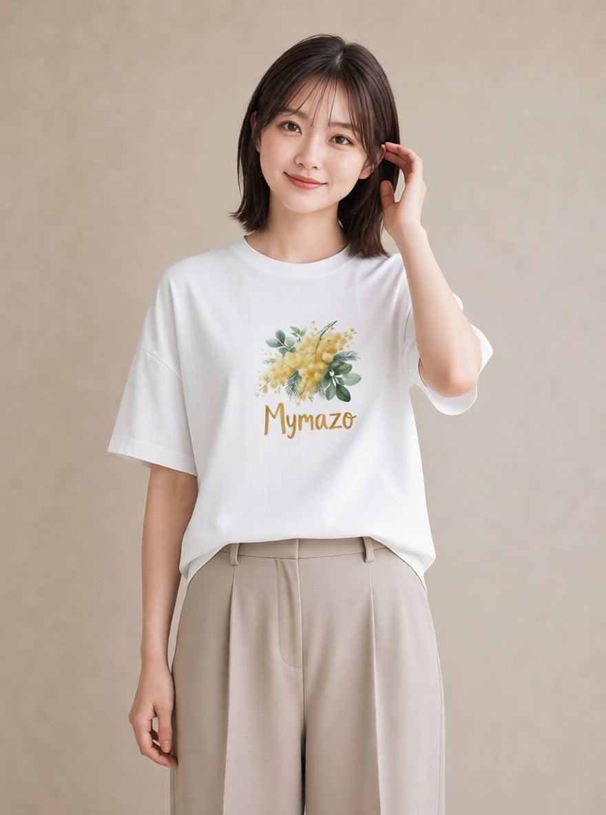 半袖Tシャツ レディース ミモザ 花 花柄 イラスト きれいめ 送別ギフト 通勤 白T YMAZO