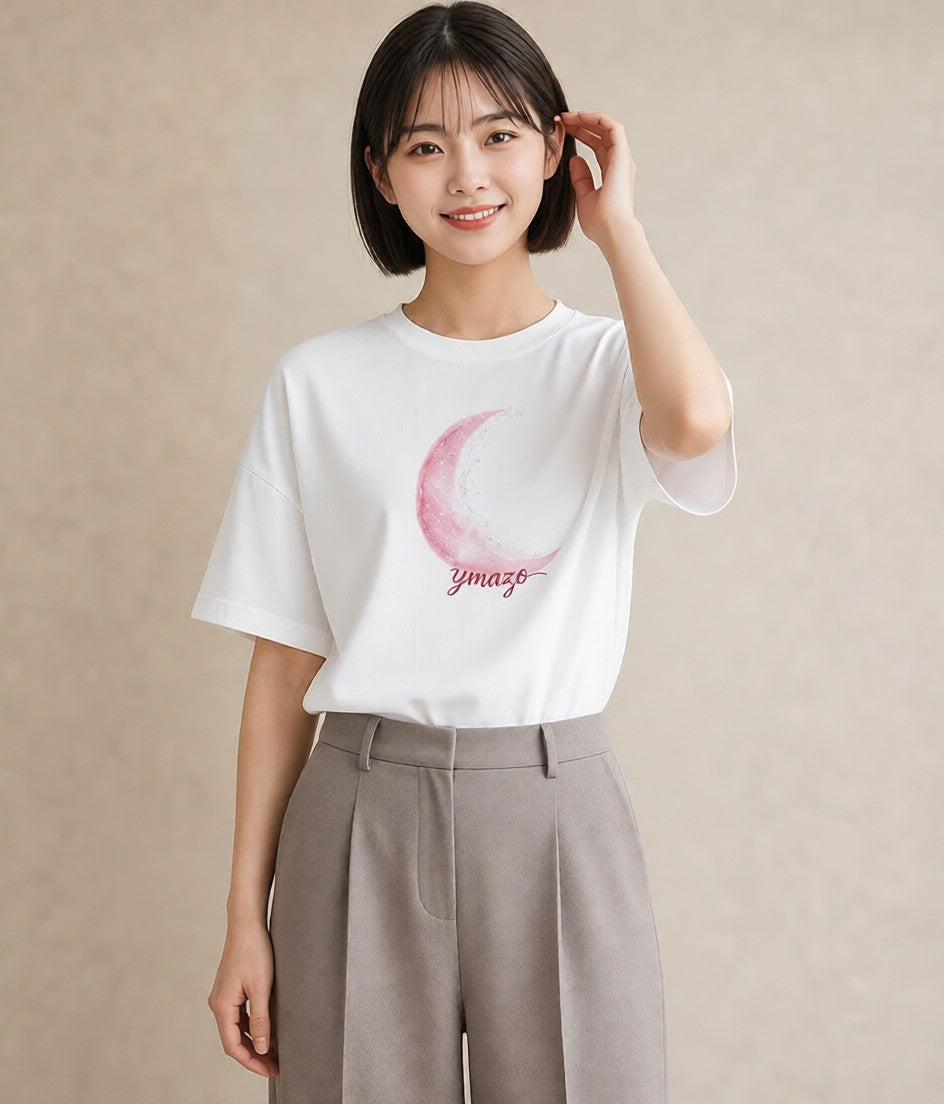 半袖Tシャツ レディース 三日月 星空 宇宙 イラスト ミニマル 送別ギフト 通勤 白T YMAZO