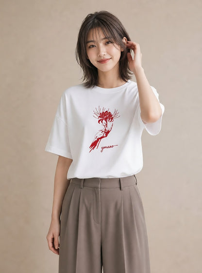 プリントTシャツ レディース 彼岸花 花 花柄 イラスト カジュアル クリスマス 旅行 白T YMAZO