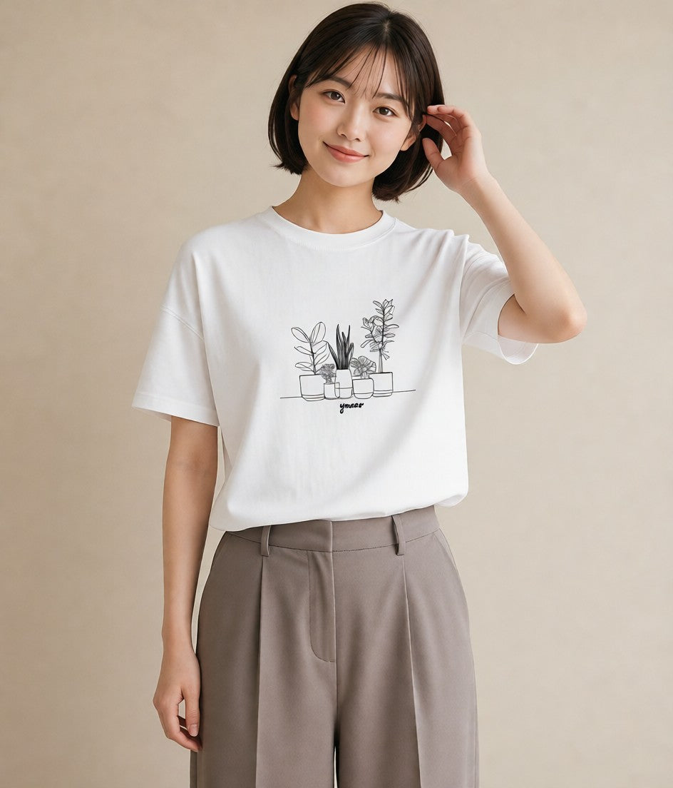 グラフィックTシャツ レディース 夕暮れ バルコニー 夕焼け ナチュラル アンティーク イラスト カジュアル 買い物 夏コーデ 白T YMAZO