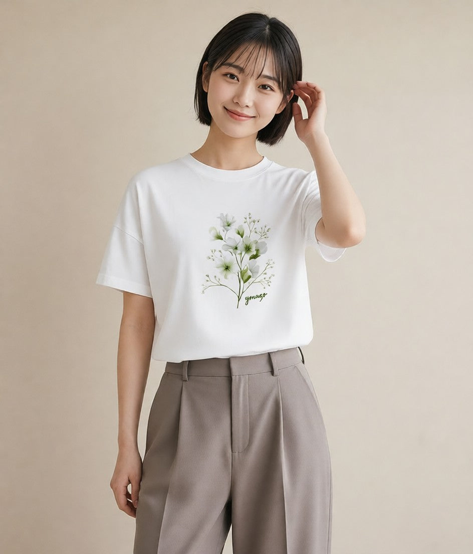 グラフィックTシャツ レディース カスミソウ かすみ草 花 花柄 イラスト 手描き風 お出かけ 普段着 白T YMAZO