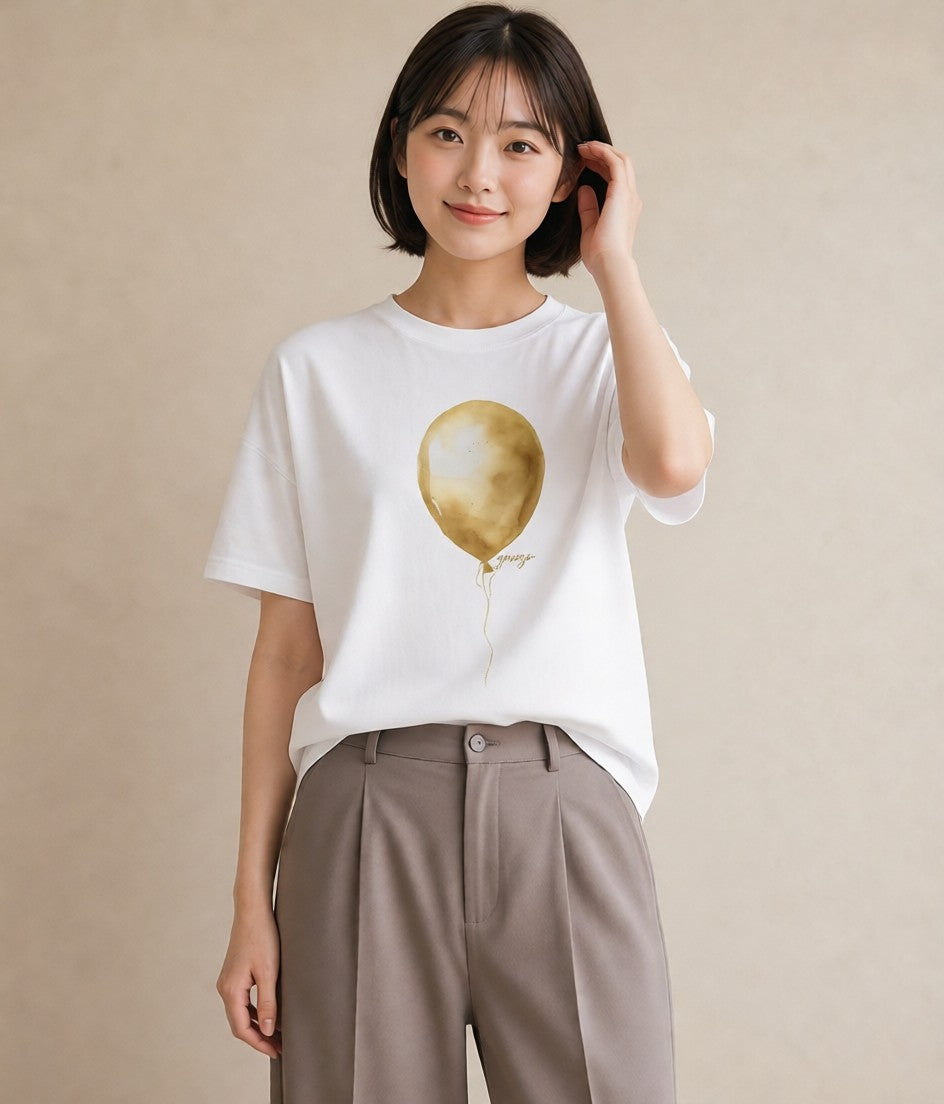 半袖Tシャツ レディース 紙風船 和紙 ナチュラル アンティーク イラスト 普段使い デート 帰省 白T YMAZO