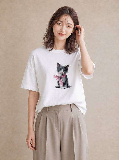 デザインTシャツ レディース ねこ 猫 ネコ イラスト 抜け感 敬老の日 ホワイトデー 白T YMAZO