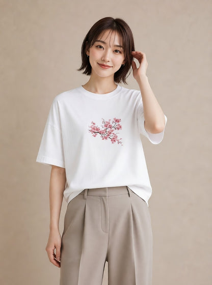 プリントTシャツ レディース 梅 花 花柄 イラスト 旅行コーデ ラフ レイヤード 白T YMAZO
