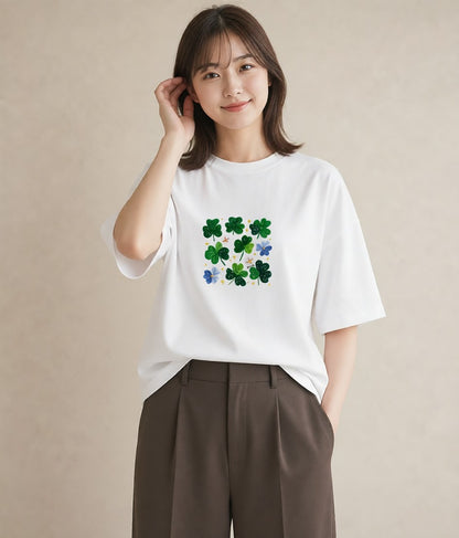 プリントTシャツ レディース クローバー 四つ葉 花 花柄 イラスト ユニーク 夏コーデ 通学 白T YMAZO