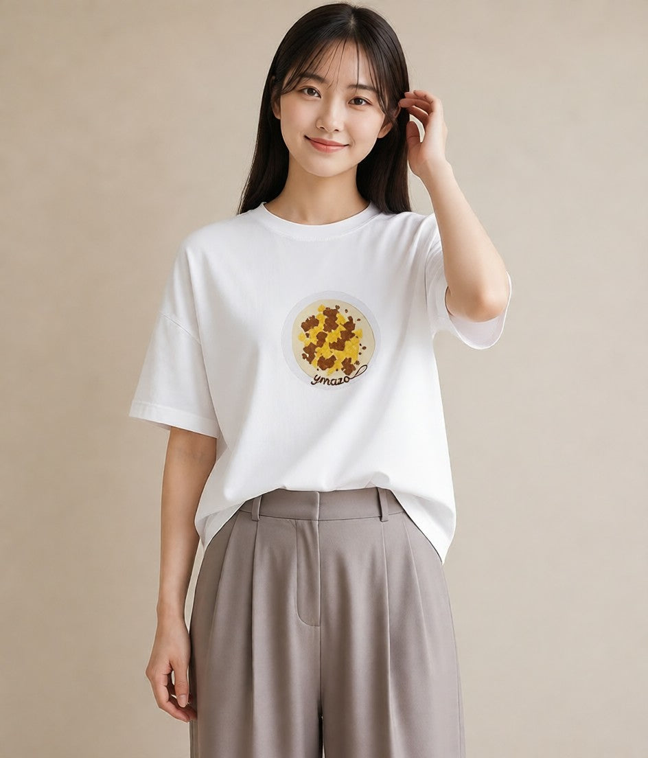 グラフィックTシャツ レディース 目玉焼き 食べ物 フード イラスト アート風 ミセス 春コーデ 白T YMAZO