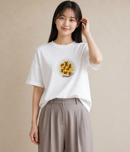 グラフィックTシャツ レディース 目玉焼き 食べ物 フード イラスト アート風 ミセス 春コーデ 白T YMAZO
