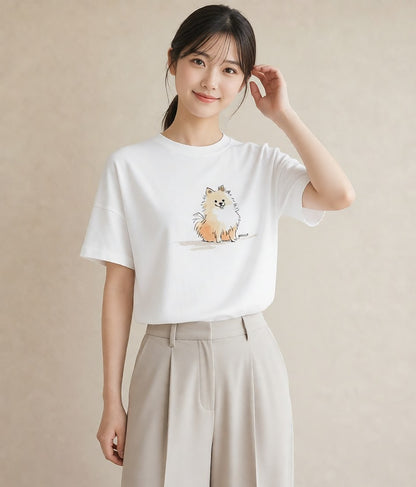 グラフィックTシャツ レディース ポメラニアン ポメ 犬 いぬ イラスト 水彩風 母の日 ビーチ 白T YMAZO