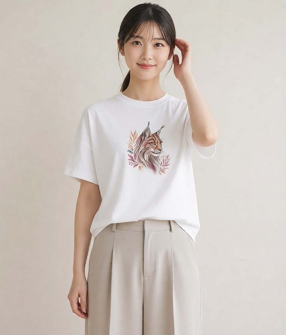 半袖Tシャツ レディース ソマリ 猫 ねこ イラスト カジュアルコーデ 買い物 白T YMAZO