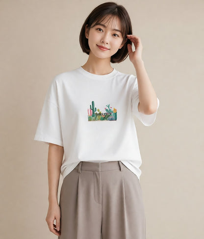 プリントTシャツ レディース サボテン 植物 ボタニカル イラスト 淡色 ホワイトデー 春服 白T YMAZO