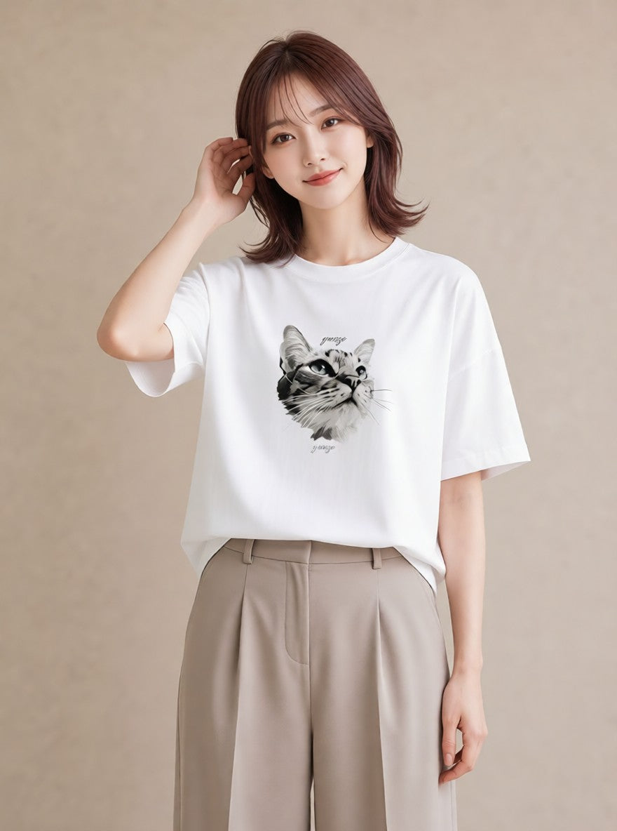 プリントTシャツ レディース 猫 ねこ イラスト ユニーク レイヤード 友達ギフト 白T YMAZO